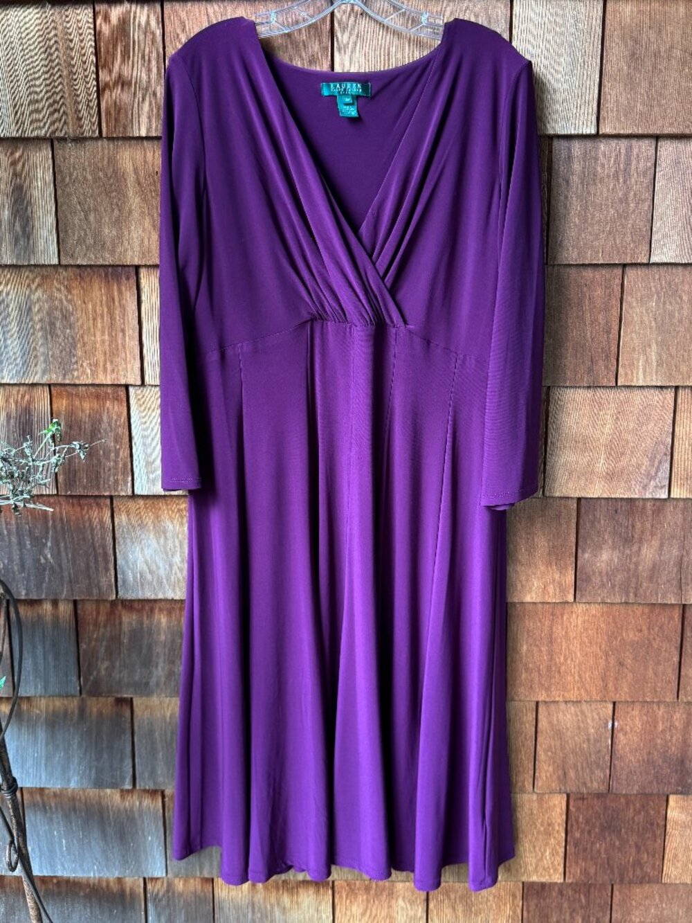 Ralph Lauren Deep Magenta V-Neck Stretch Knit A-Line Dress in Women's 16W